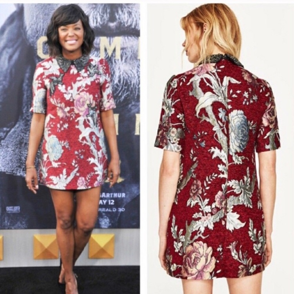 jacquard dress with sequin collar and patches zara